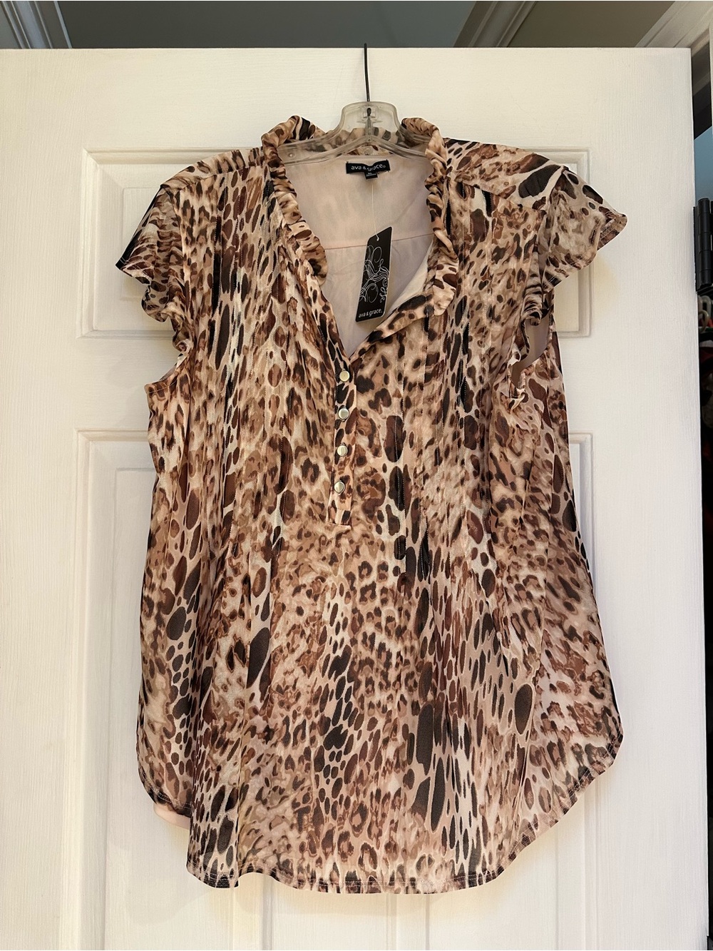 Apt. 9 Sleeveless Leopard-Print Ruffle V-Neck Blouse in Brown and Cream
